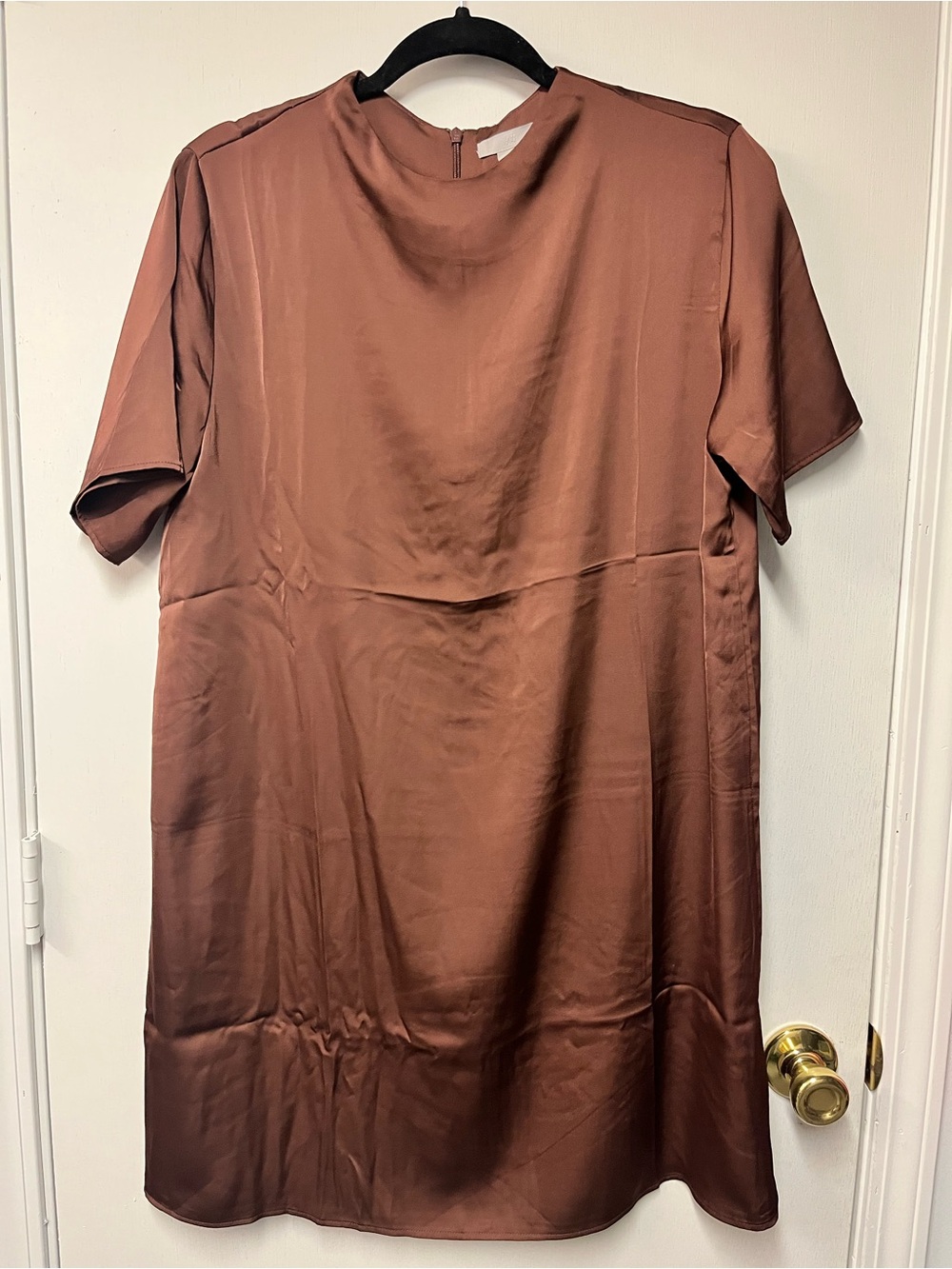 H&M Chocolate Brown Satin Shift Dress Short Sleeve Minimalist Size Medium
